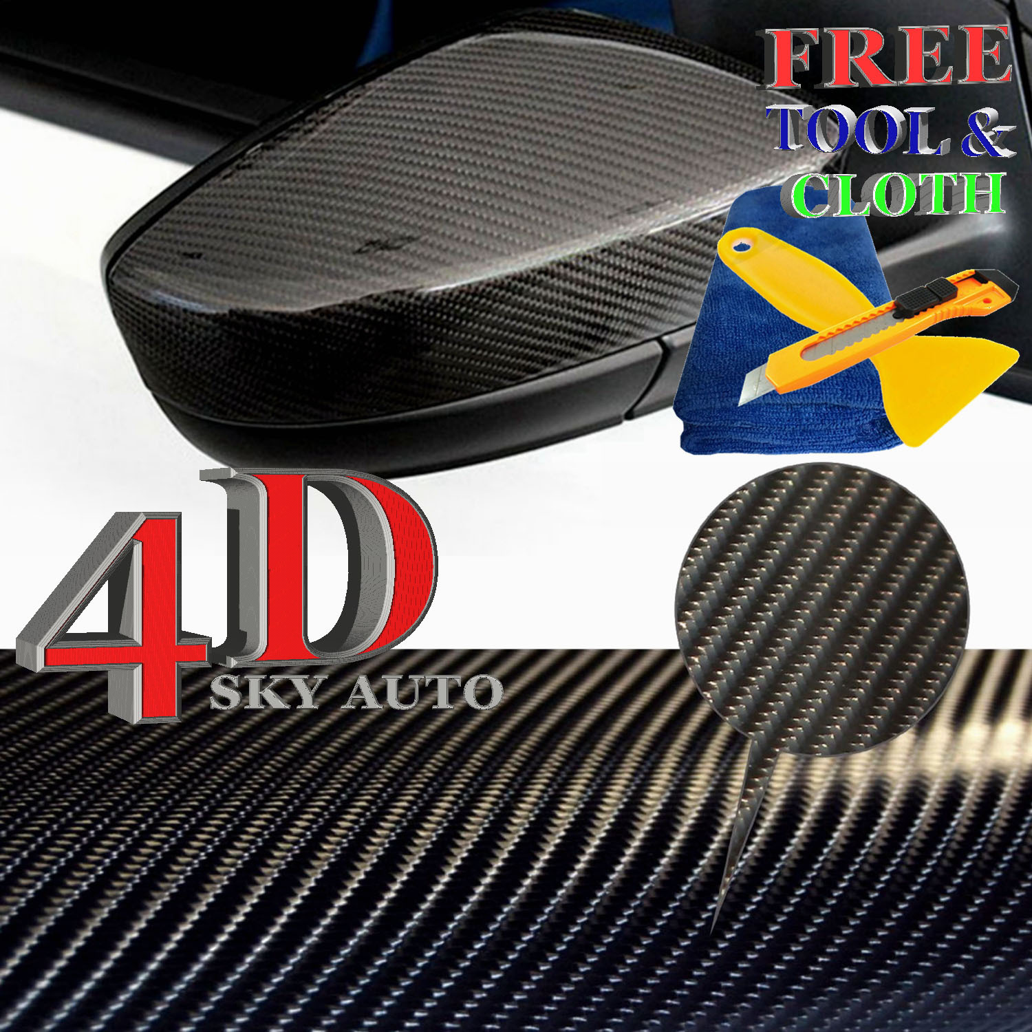 4D Black GLOS Carbon Fiber Vinyl Air Release Pockets Bubble Free