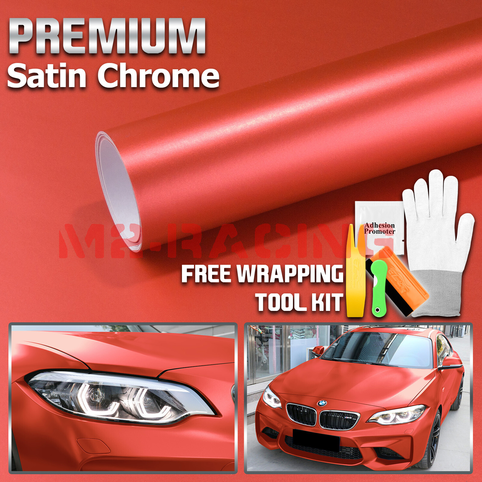 【Satin Chrome】 Red Matte Metallic Car Vinyl Wrap Sticker Air Release Free Sheet