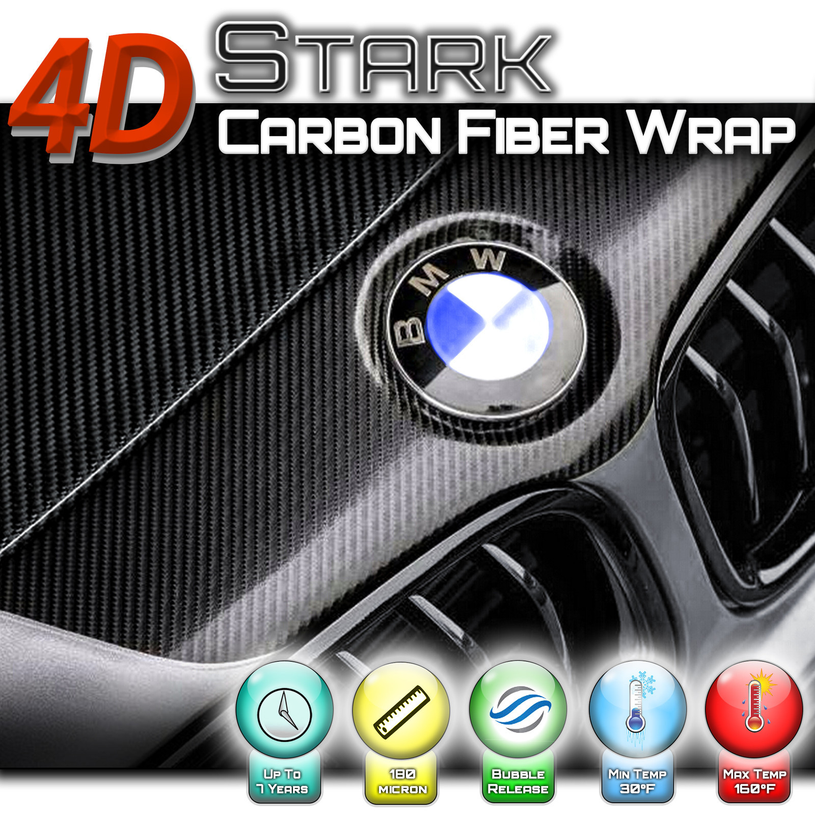 4D Premium Black Carbon Fiber Vinyl Wrap Roll Sticker Bubble Free Air Release