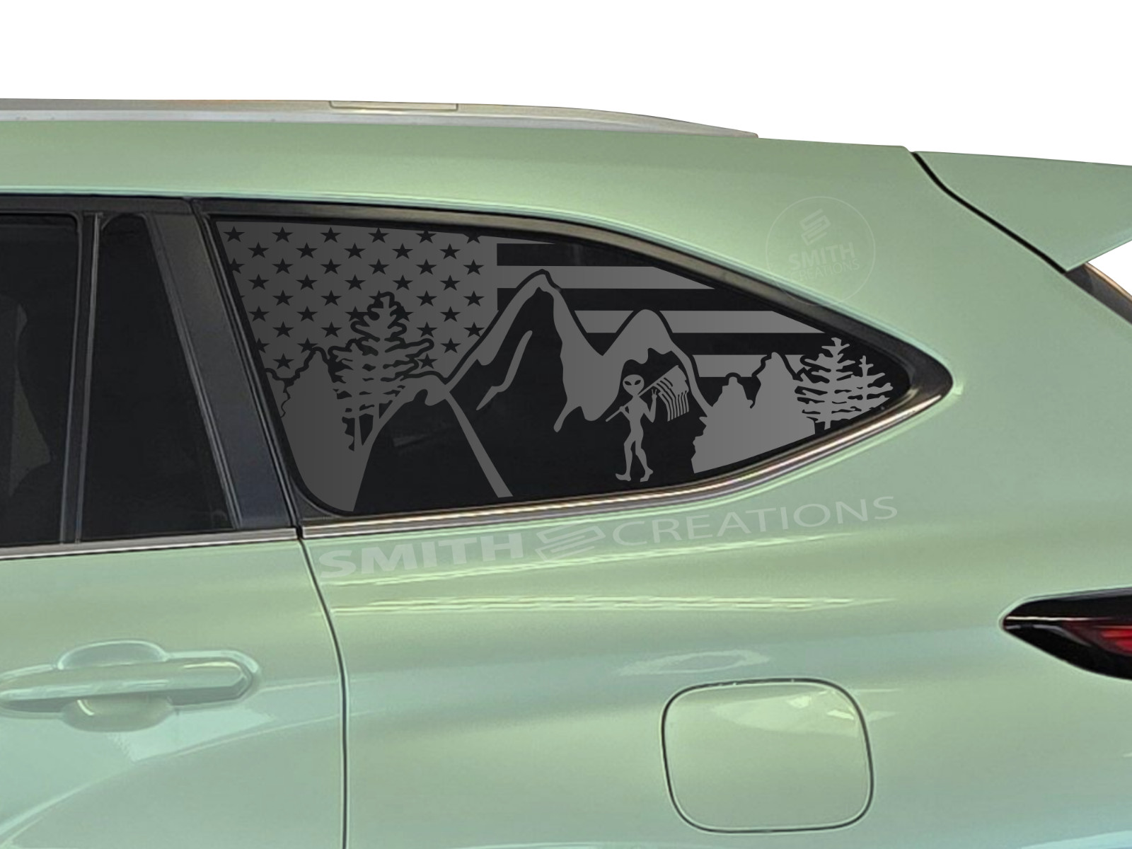Fits 2020-2026 Toyota Highlander Standard Flag Mountain with Alien Window Decal