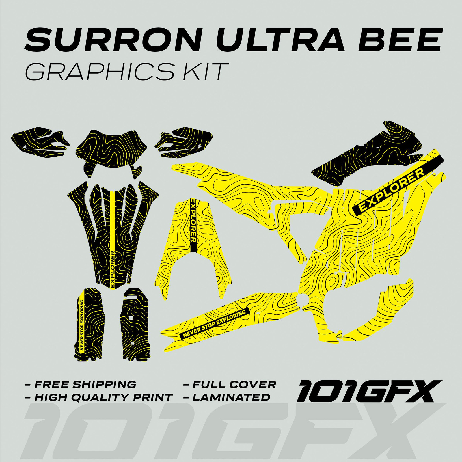 Surron Ultra Bee Graphics Kit EXPLORER YELLOW BLACK Explore Altitude Decals