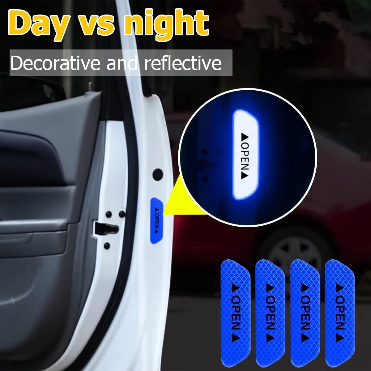 4Pcs Blue Reflective Door Open Warning Stickers Fits Car
