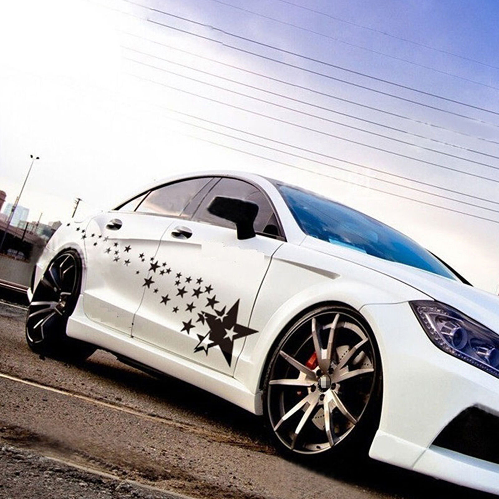 2 Pcs Set Long Racing Stripes Vinyl Decal Sticker Star Graphics Car Side Body