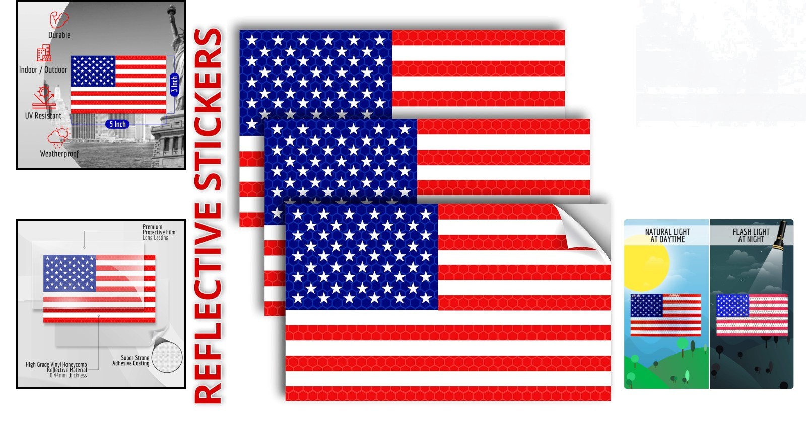 Patriotic 3-Pack Reflective Vinyl American Flag Decals – Waterproof & Glitter