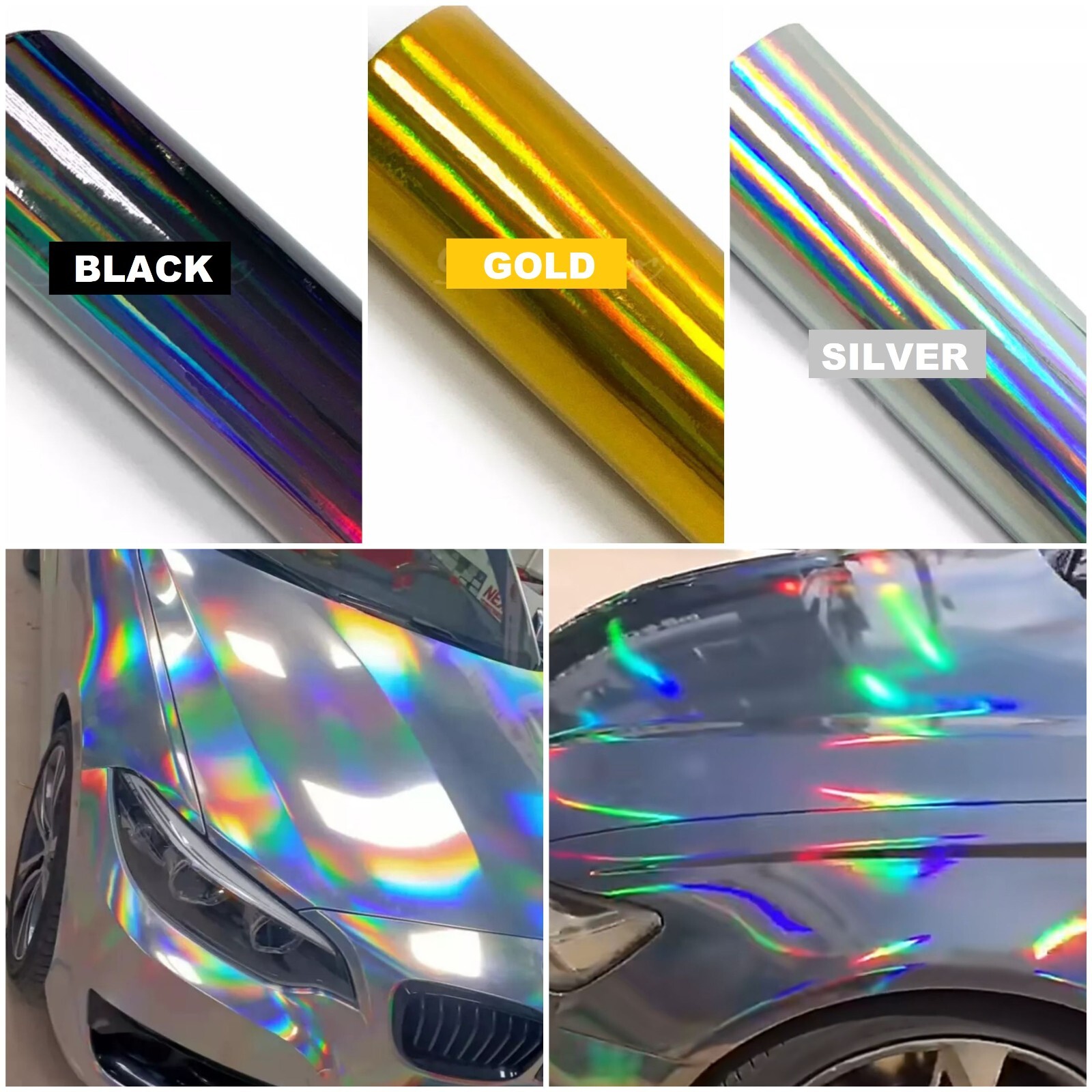 Gloss Glossy Silver Black Gold Neo Laser Chrome Holographic Vinyl Car Wrap Roll