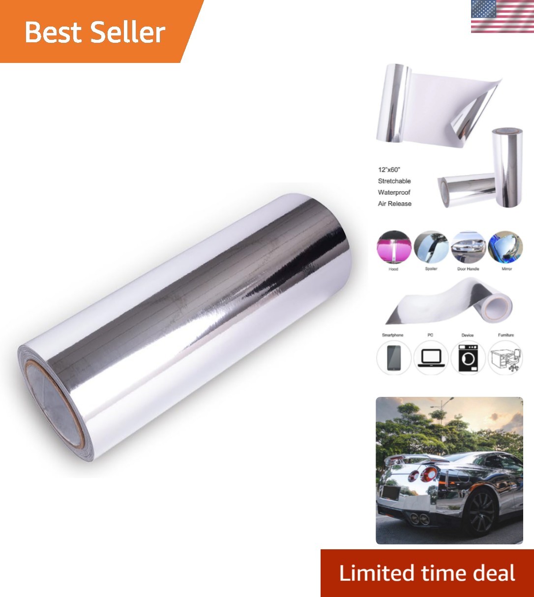 Car Wrap Vinyl 12 Inches x 60 Inches Chrome Mirror Silver Self Adhesive Film …
