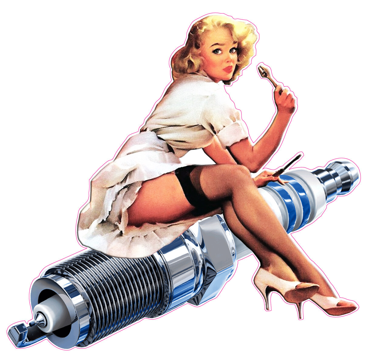 Spark Plug Pin Up Girl Decal is 10″ x 8″ in size
