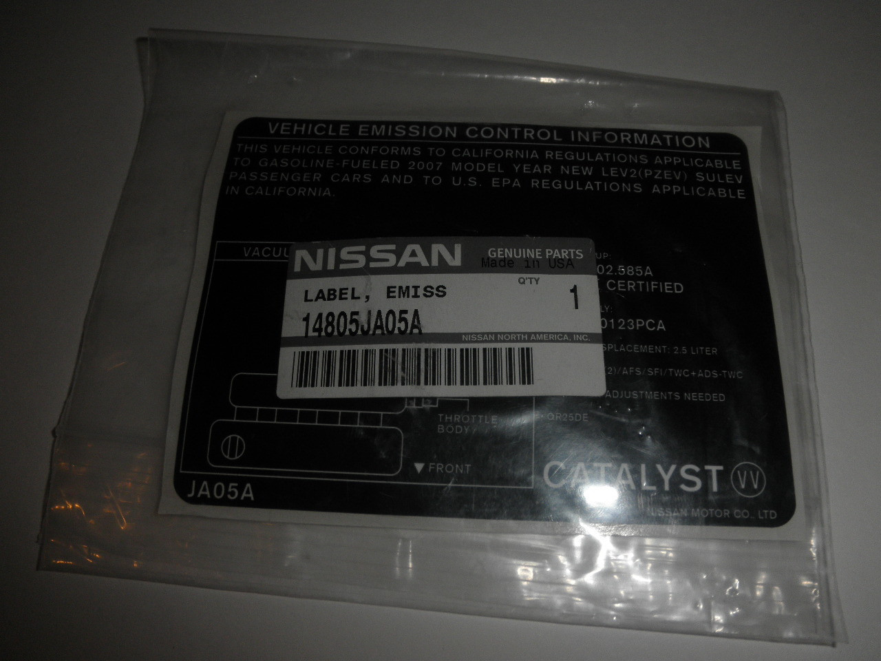 2007 NISSAN ALTIMA 2.5L OEM NEW EMISSION LABEL 14805JA05A