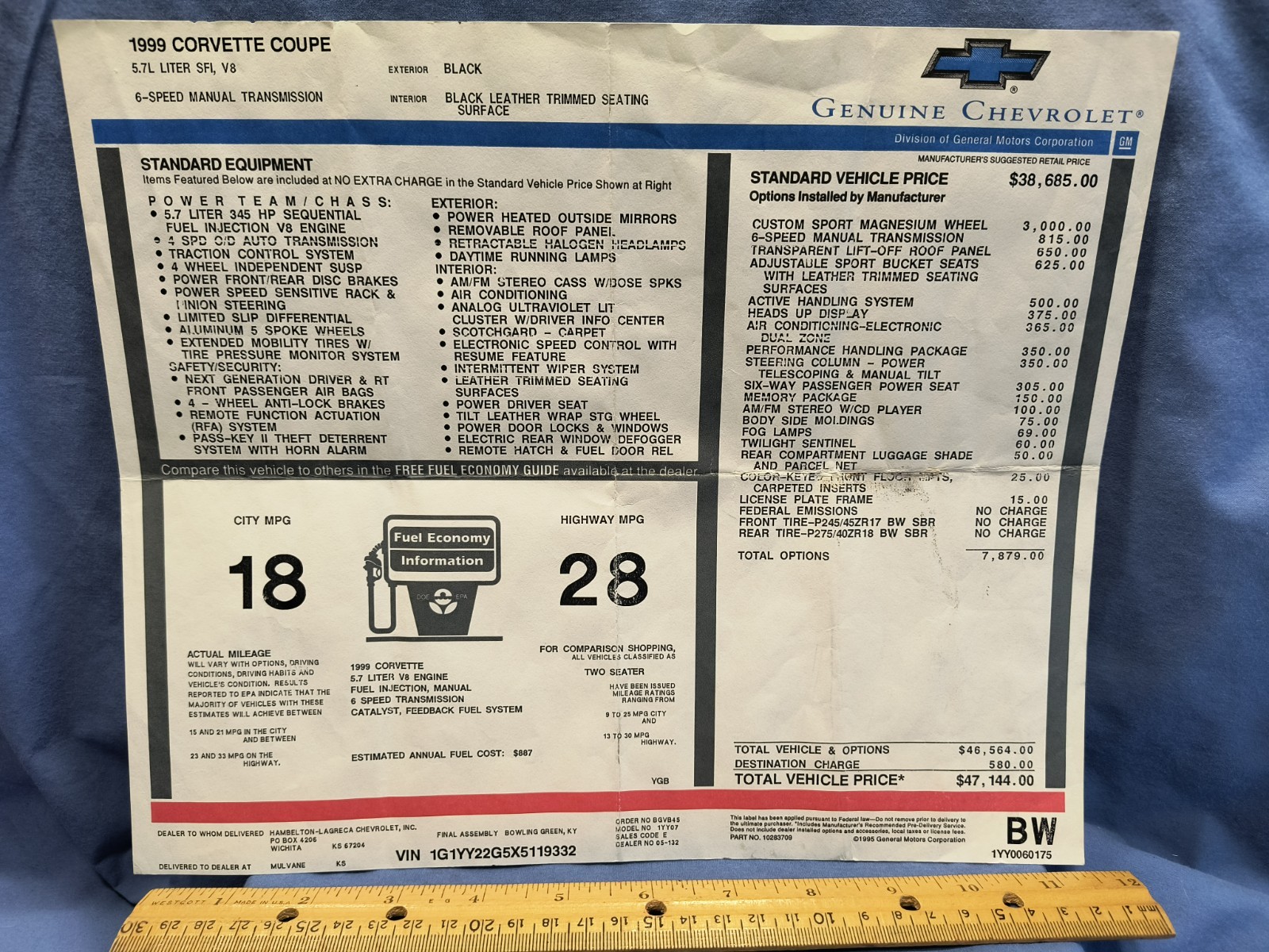 1999 Corvette Manufacturer’s Retail Window Sticker OEM ORIGINAL Chevrolet