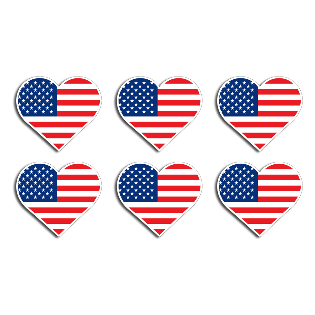 6 Mini USA Heart Flag Sticker Decal American Cup Phone Hard Hat Helmet Pack OSHA