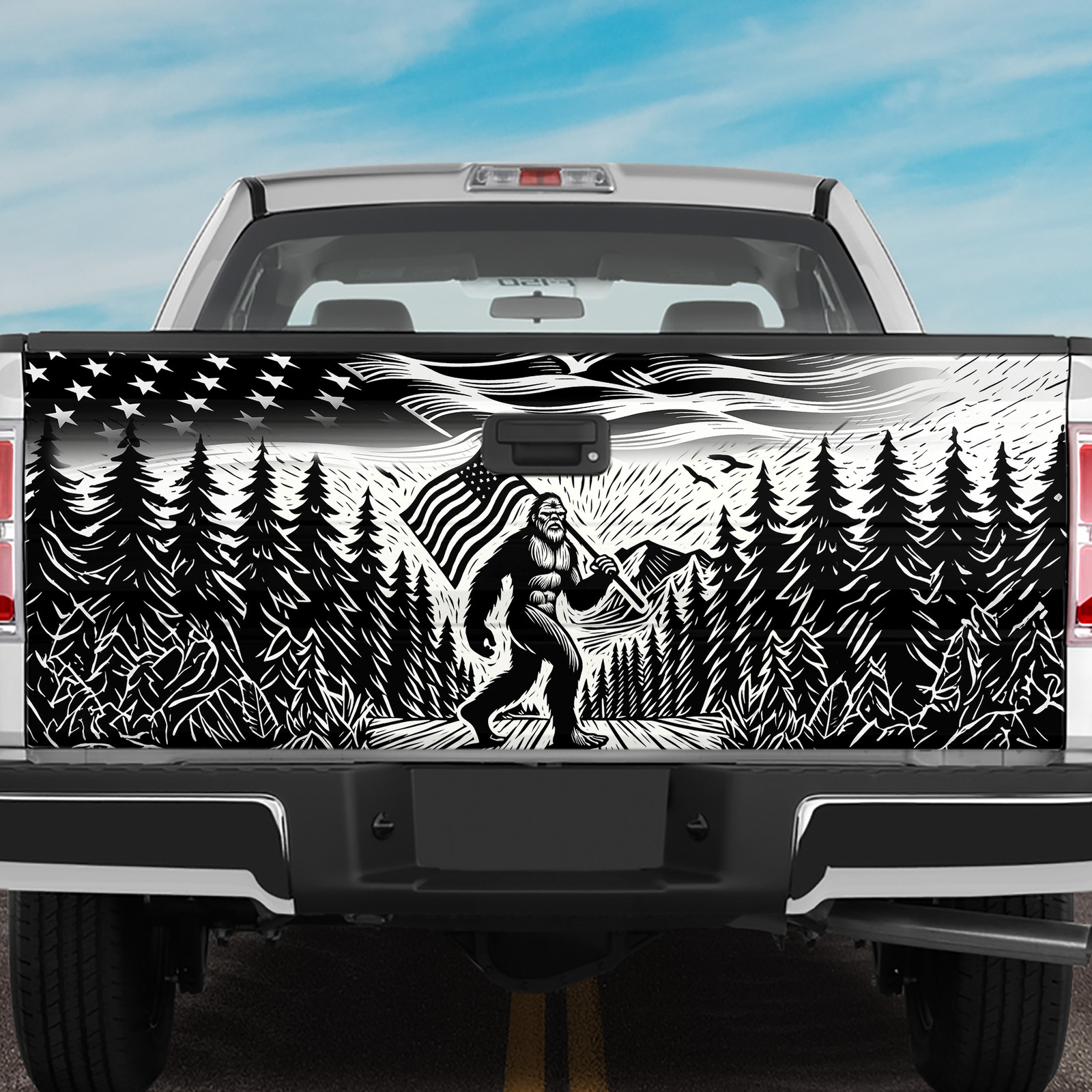Bigfoot Camping Mountain Tailgate Wrap, Bigfoot Tailgate Decal Sticker Wrap