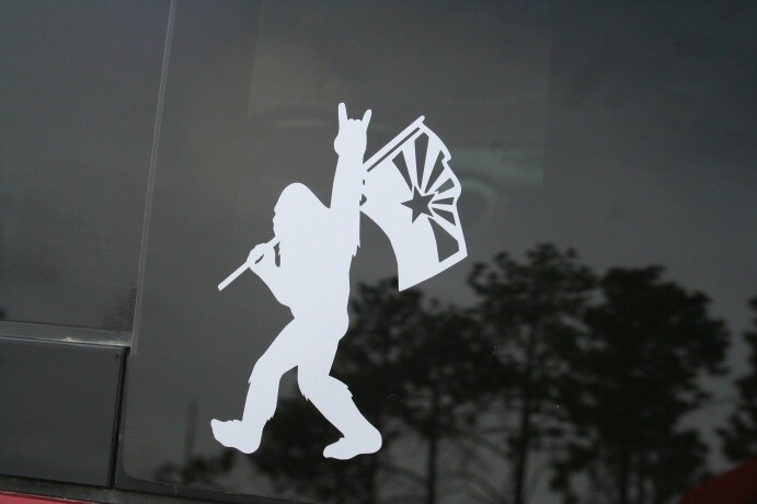 Bigfoot Holding Arizona Flag die-cut window sticker, Buy 2 get 1 FREE offer!