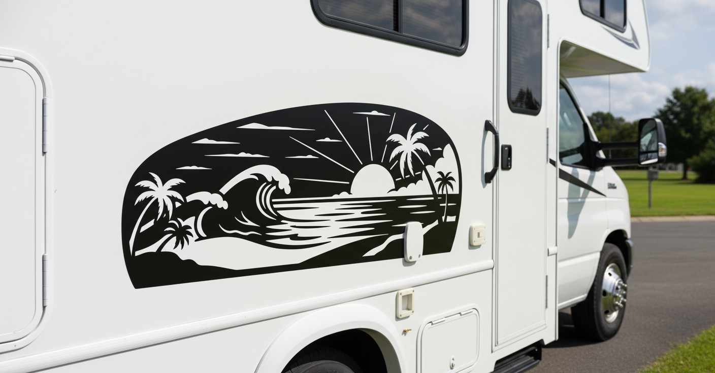 RV Camper Decal Vinyl Graphic Beach Art Unique Desing fit Car SUV Trailer Van