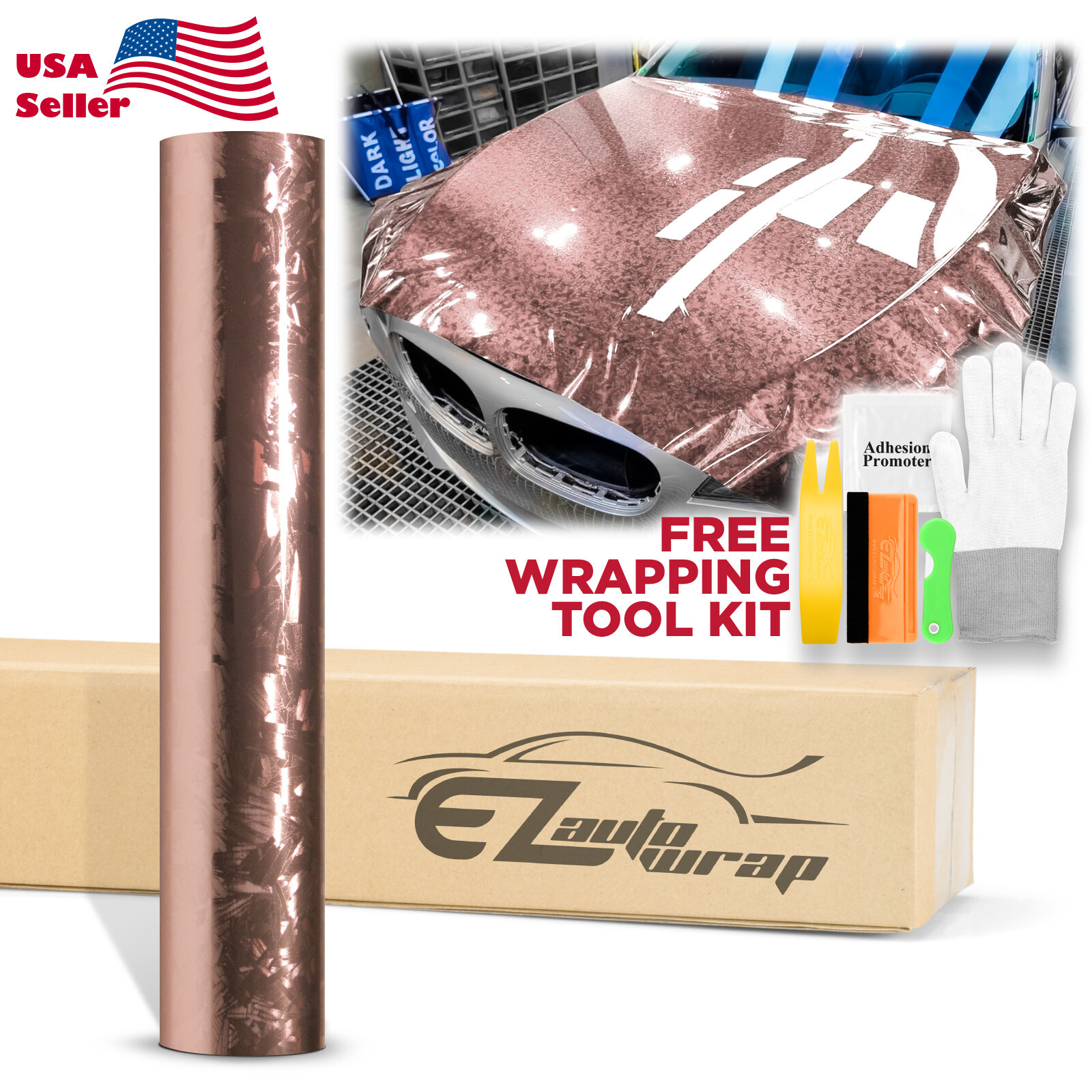 24K Chopped Forged Carbon Fiber Gloss Rose Gold Vinyl Wrap Sticker Decal Sheet