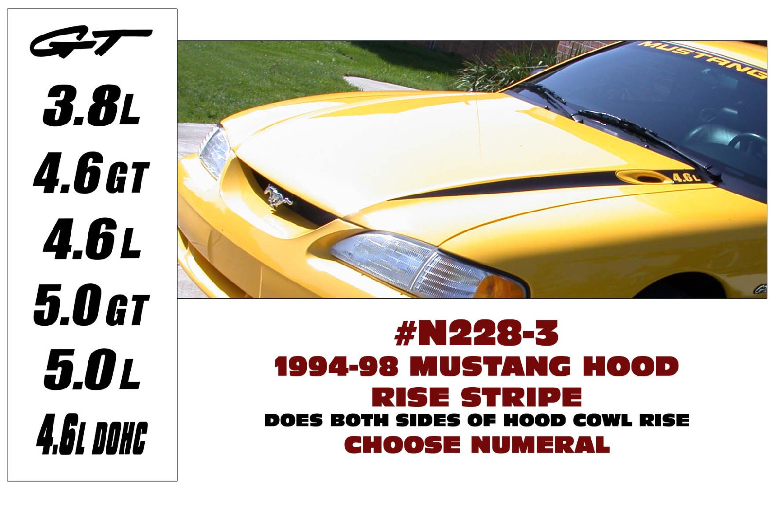 N228-3 1994 1995 1996 1997 1998 MUSTANG – HOOD COWL STRIPE w DESIGNATION -CHOOSE