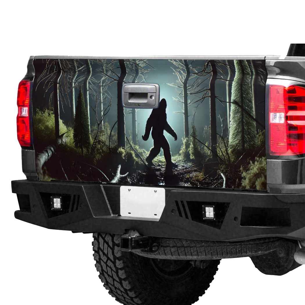 Bigfoot In The Woods Cornhole Board Tailgate Wrap, Bigfoot tailgate decal trucks