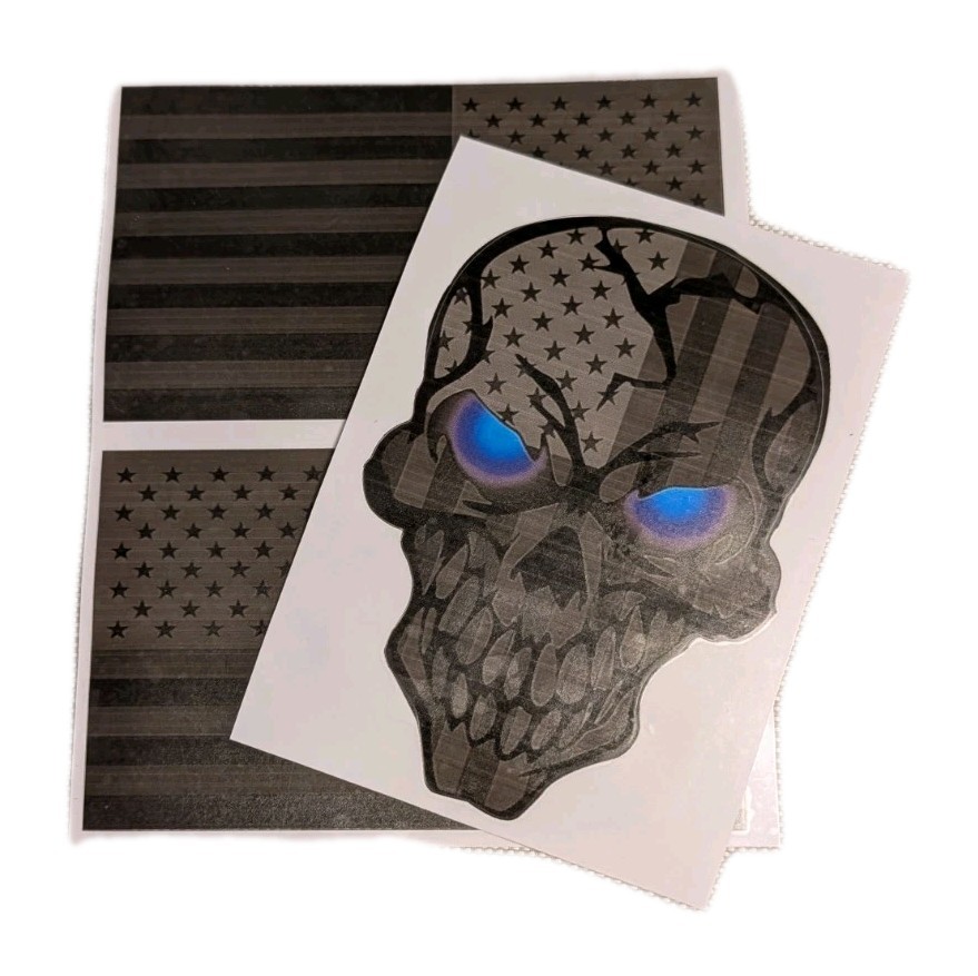 3 Piece Set Two Gray American Flags And One Skull With Blue Eyes