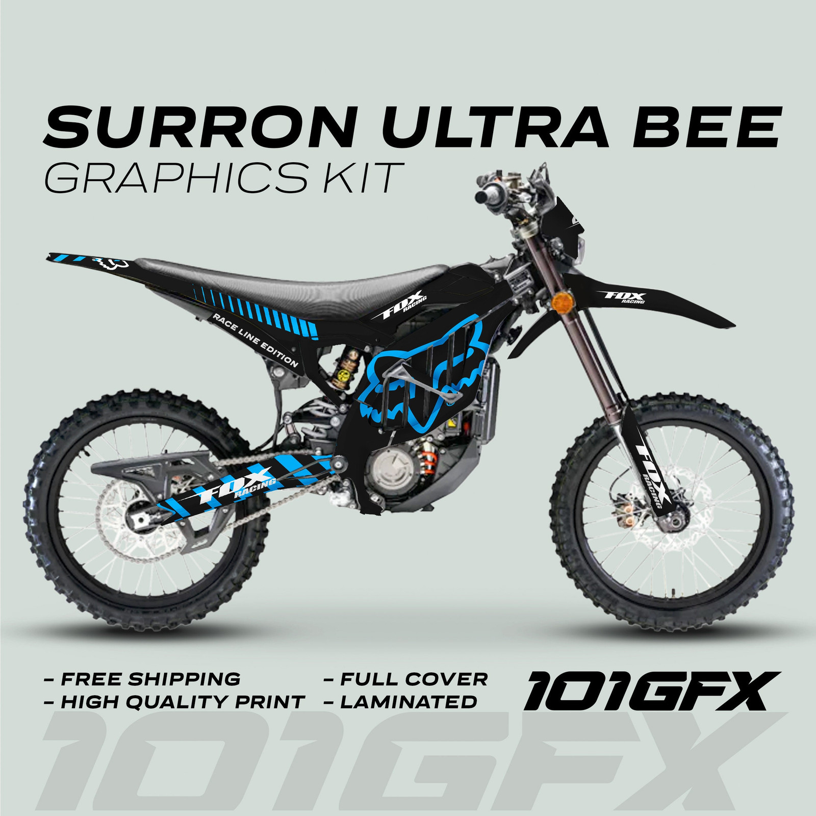 Surron Ultra Bee Graphics Kit FOX RACE LINE Black Cyan Decals Stickers