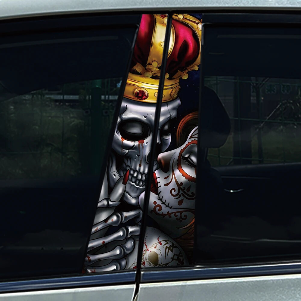 2X Skeleton Couple King Cross Car B Pillar Sticker Center Column Cover Decals