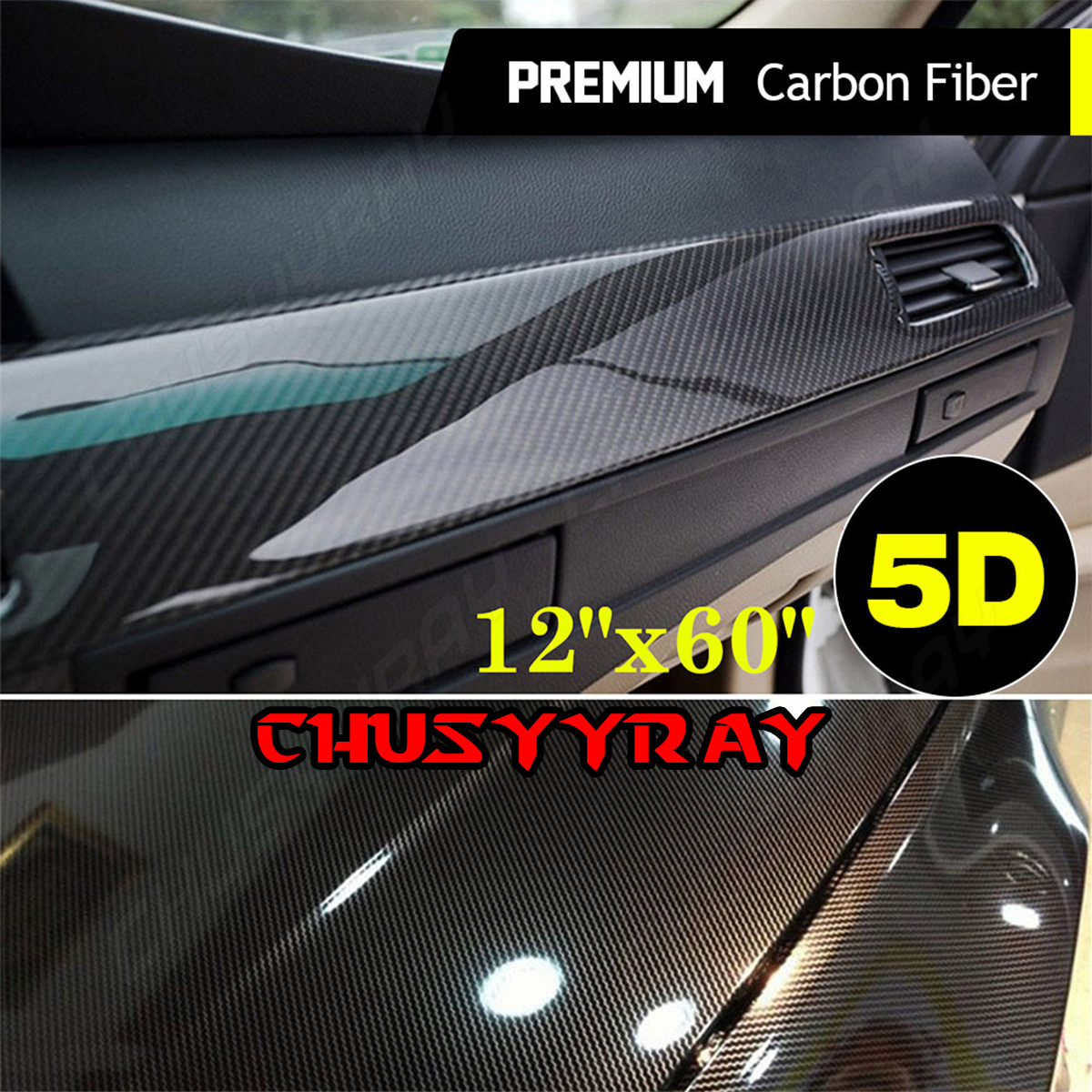 5D CHUSYYRAY HIGH GLOSS Black Carbon fiber Vinyl wrap Bubble Free Air Release