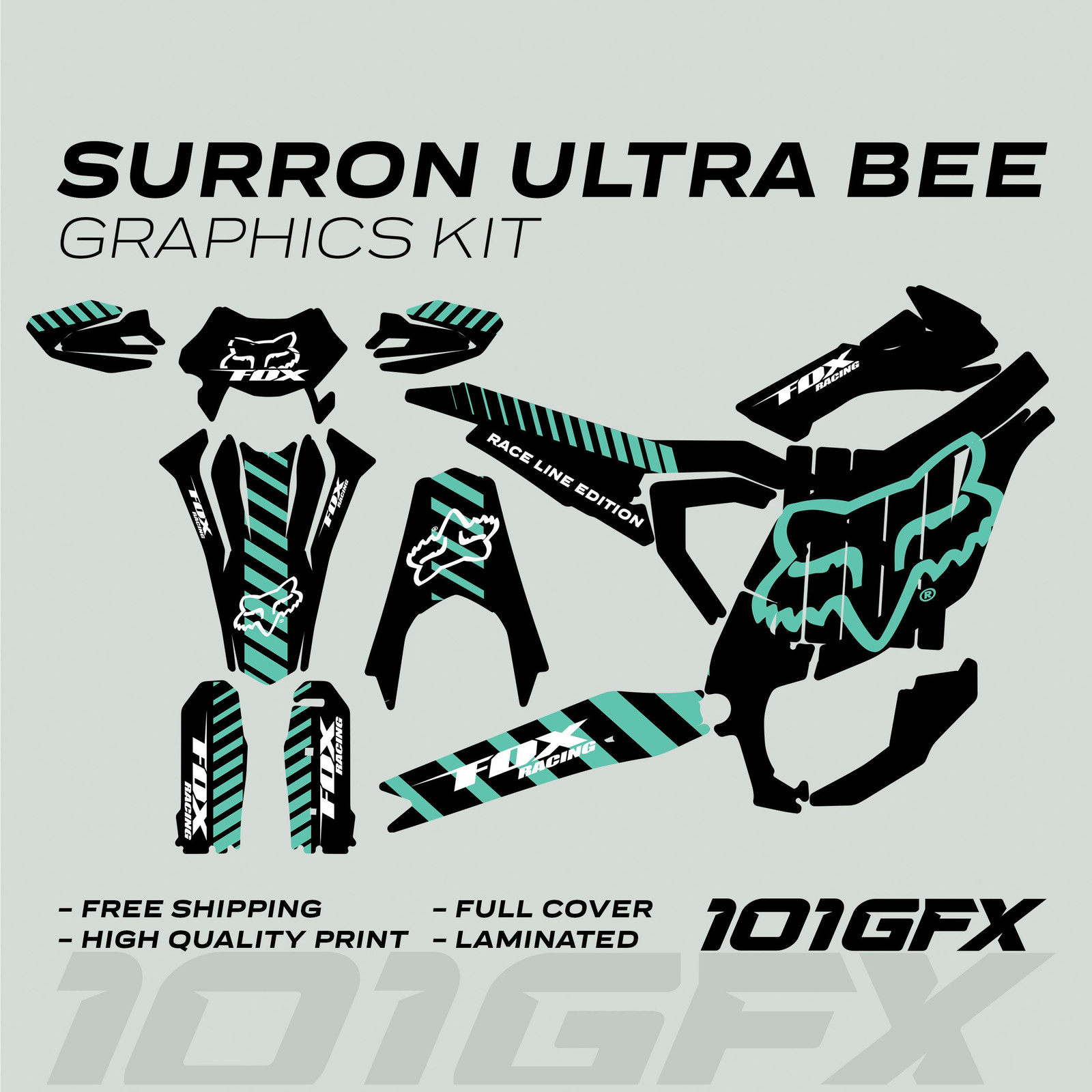 Surron Ultra Bee Graphics Kit FOX RACE LINE Black Mint Decals Stickers