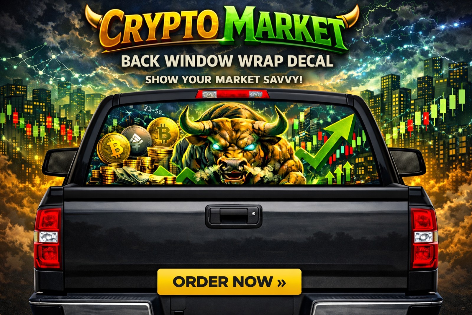 Crypto Market Back Window Wrap Decal Aggressive Stock Trading Truck Graphic