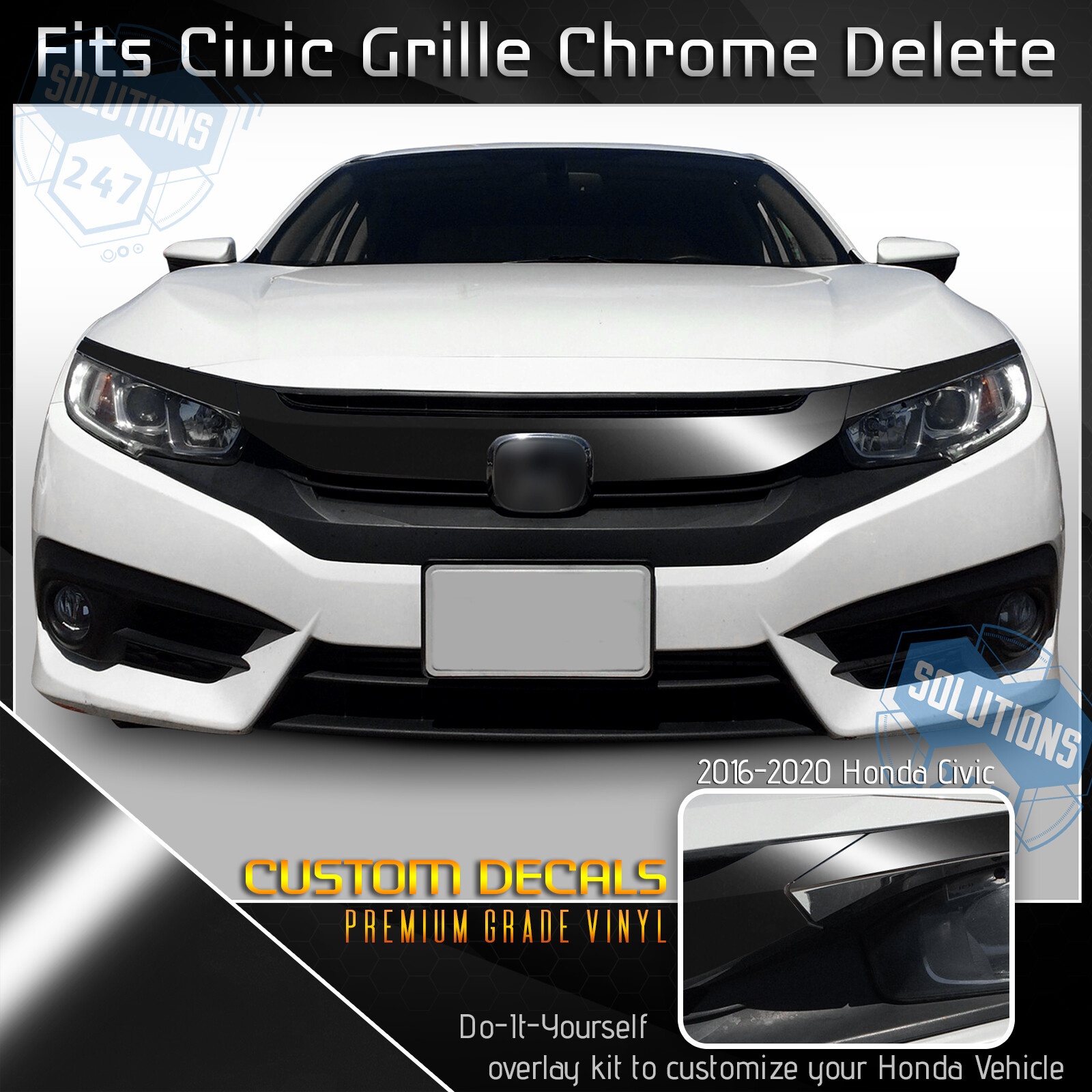 For 2016-2020 Honda Civic Grille Overlay Chrome Delete – Glossy Matte