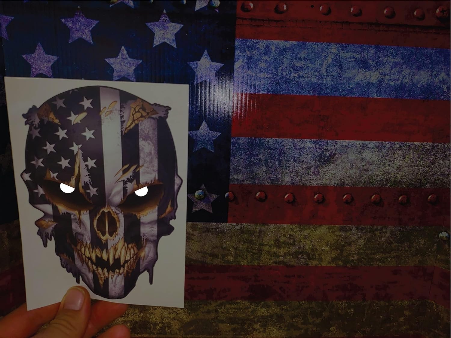 Hand-Drawn American Flag Skull Vinyl Sticker – Reflective Eyes & Durable Design
