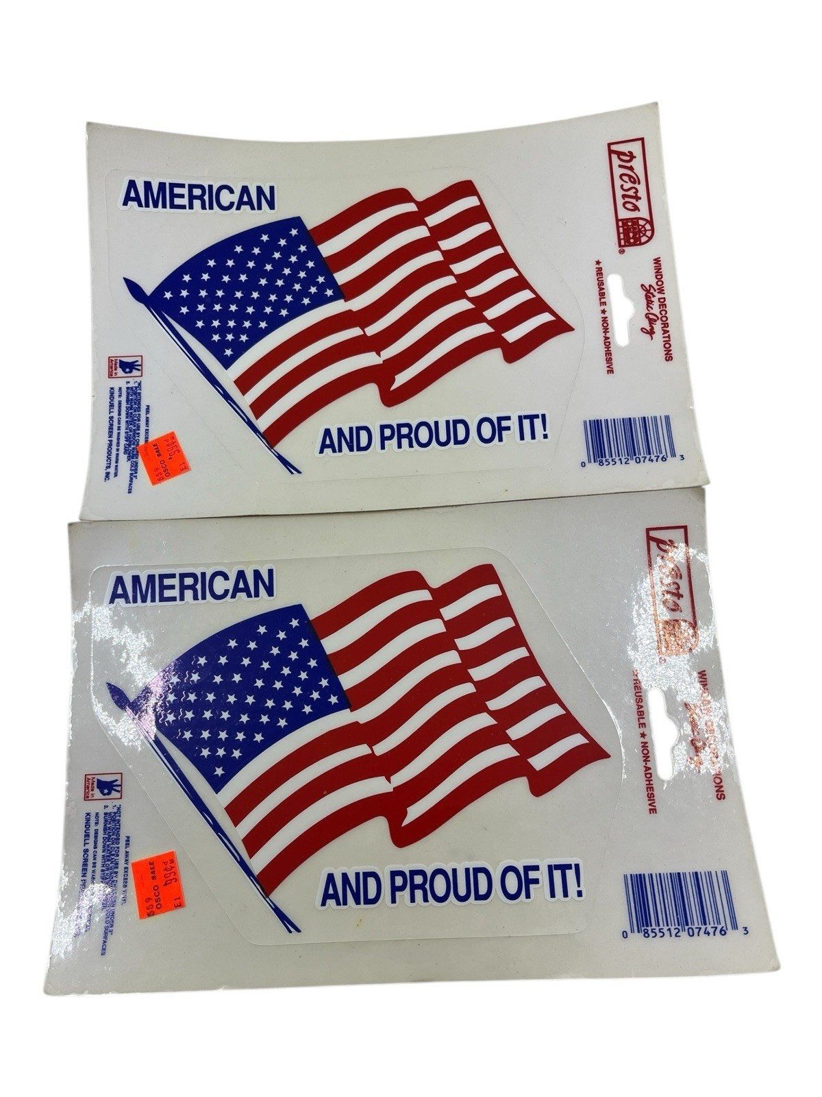 Presto Flag Car Decal Static Cling Window American Proud Of It NOS Vintage 2 PK