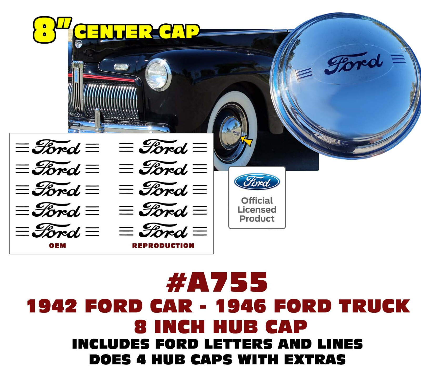 SP A755 1942 FORD CAR – 1946 TRUCK – STAINLESS STEEL 8″ HUB CAP – DECAL INSERTS