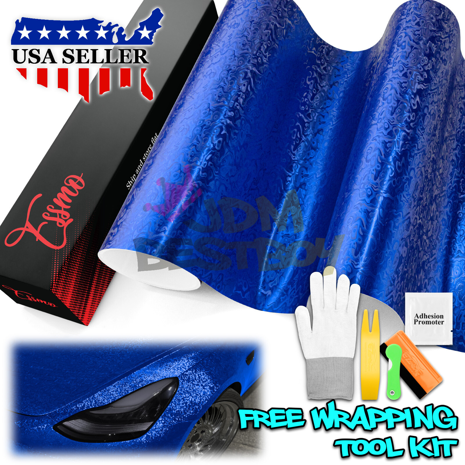 PET Damascus Steel Forged Carbon Fiber Royal Blue Car Vinyl Wrap Decal Sticker