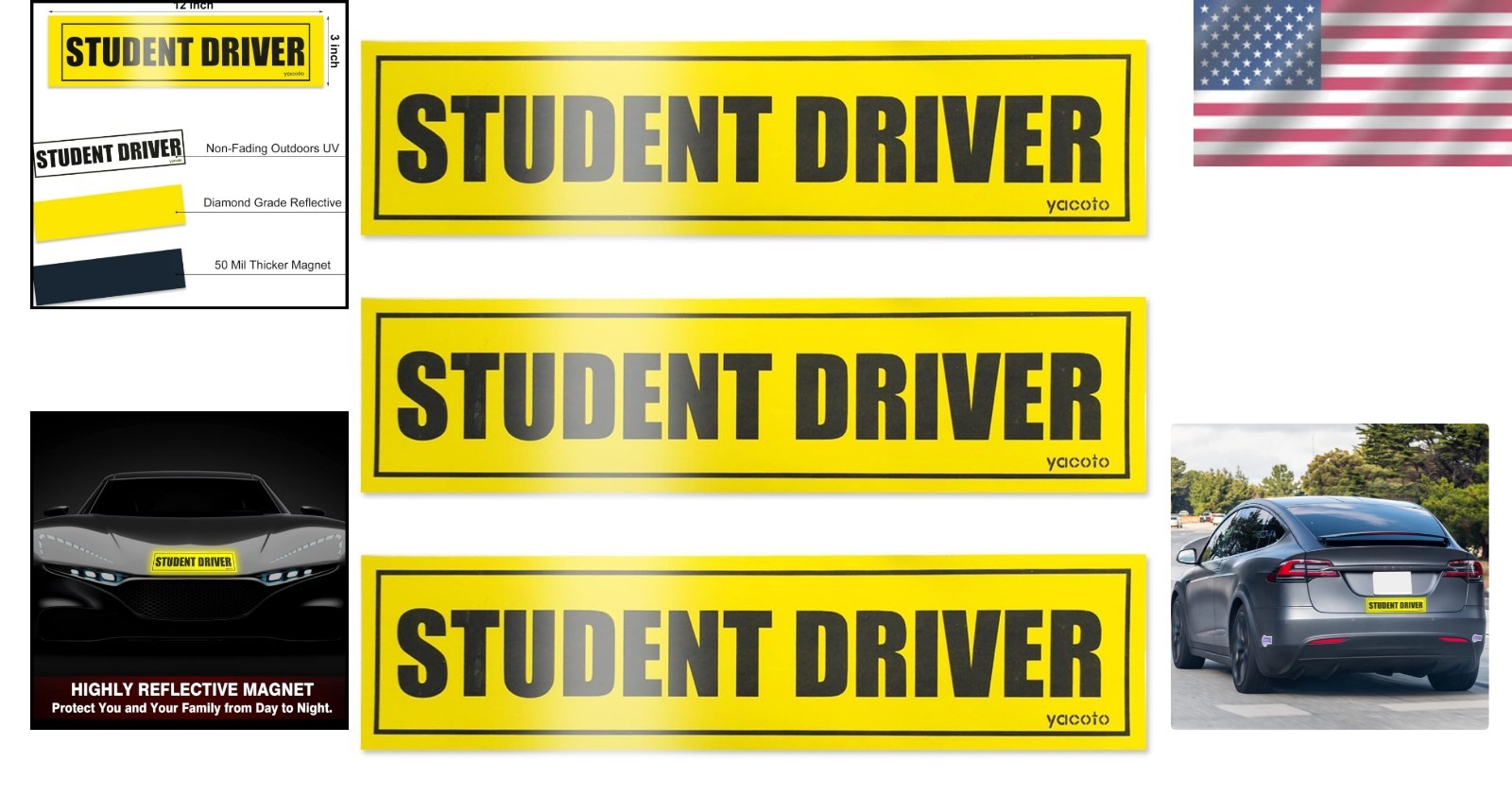 3-Piece Reflective Student Driver Magnets – Strong Adhesion for Safe Driving