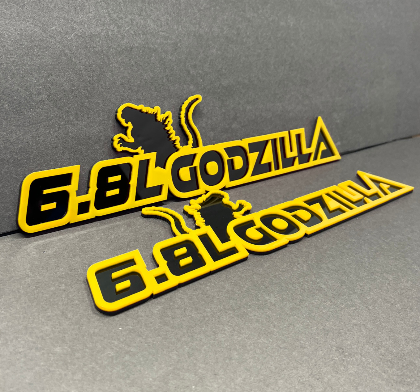 Godzilla Badges Emblem RAGING 6.8L Yellow/Black, 2 BADGES, Angry Fender 6.8L