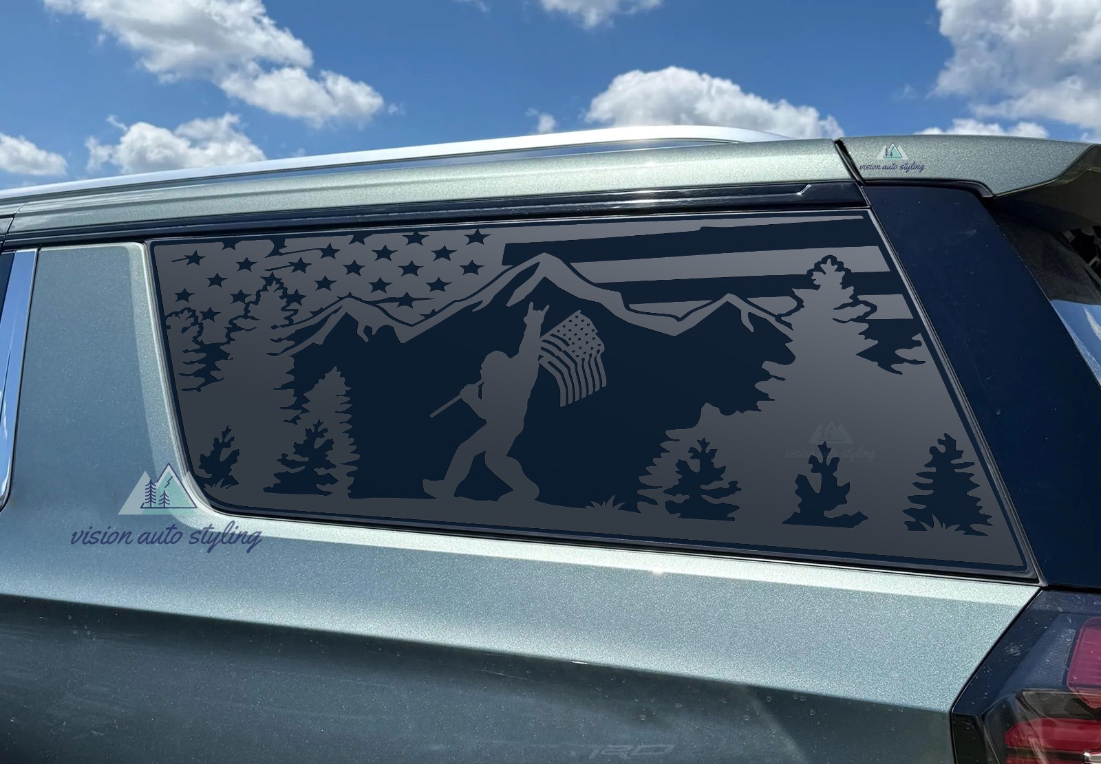 Fits 2021-2026 Chevy Suburban Quarter Window Sasquatch Bigfoot American Flag