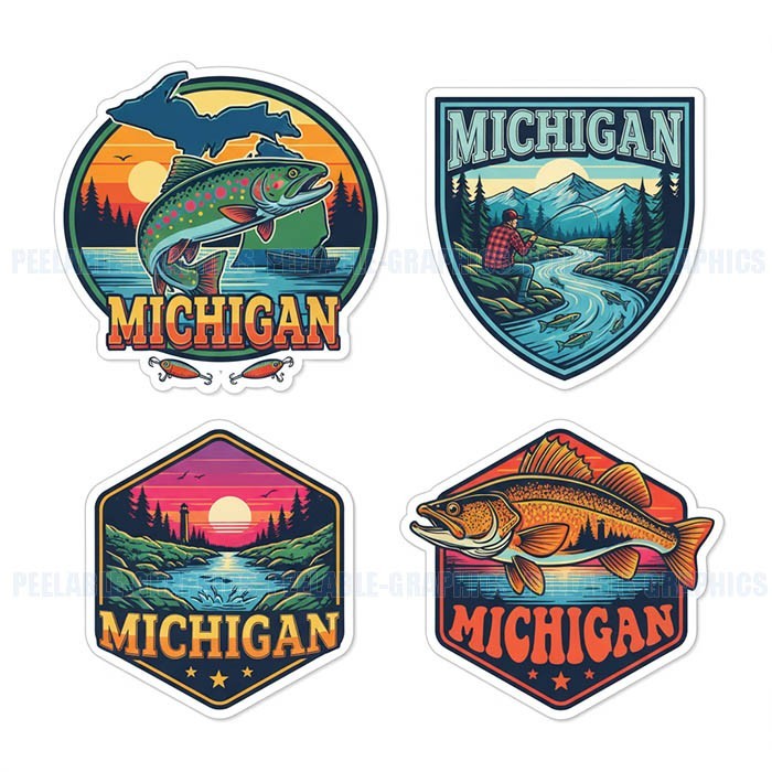 Michigan State Vinyl Decal Sticker Souvenir Fishing Fish Travel 4 Pack J