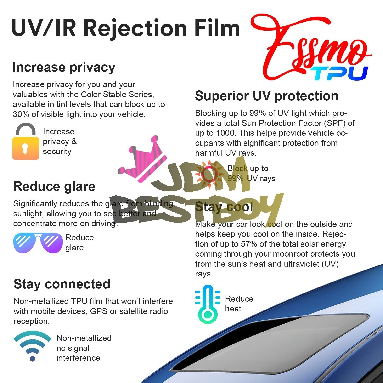 TPU Light Blue Glass Sunroof VLT70% UV99% Block Windshield Sunshade Top Window