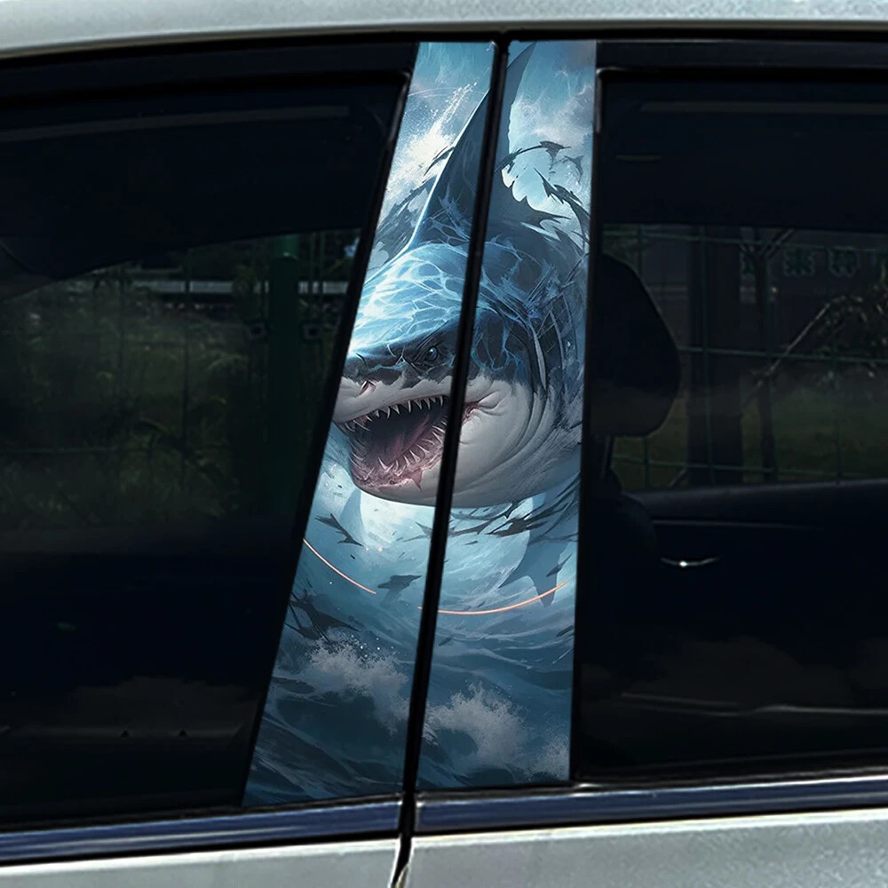 2x Tiger Shark Mouth Megalodon Car B Pillar Sticker Center Column Cover Decals