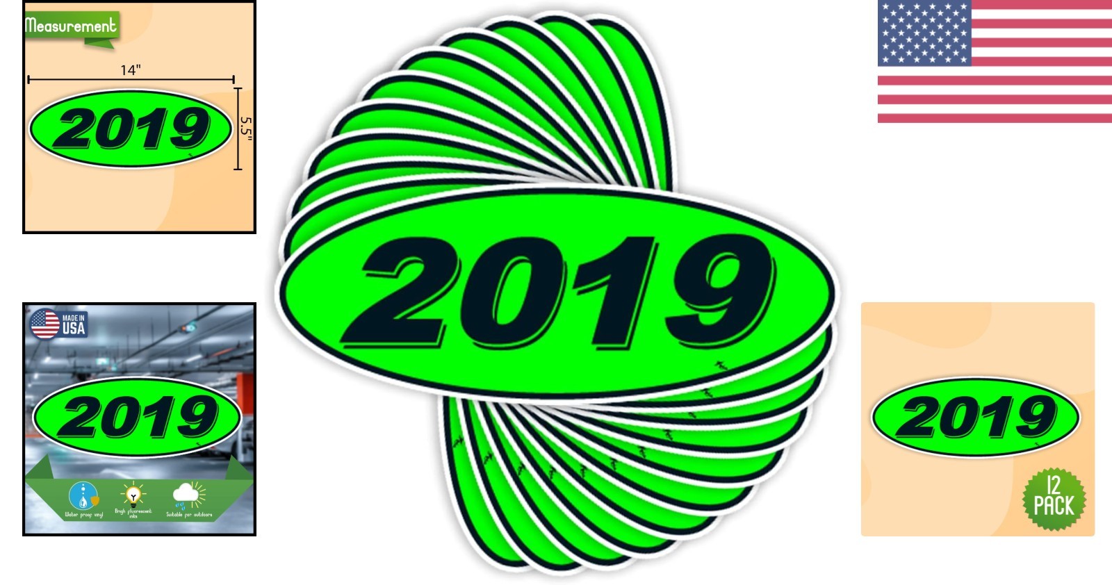 Chartreuse Green Black 2019 Oval Model Stickers for Windshield 12 Pack