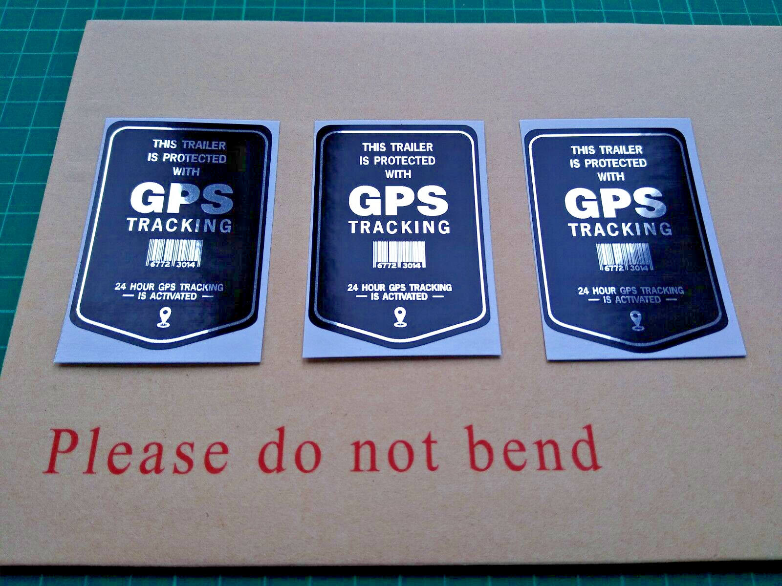 3 x Trailer GPS Tracking Stickers – Polished Mirror Silver & Black Security