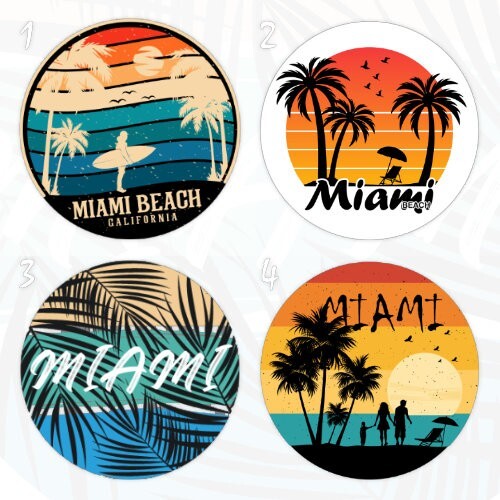 2x Miami beach souvenirs, Florida vacation circle stickers | Custom size (≤10″)