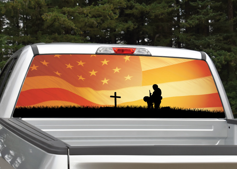 Fallen Soldier American Flag Sunset Rear Window Decal Graphic for Truck SUV Van