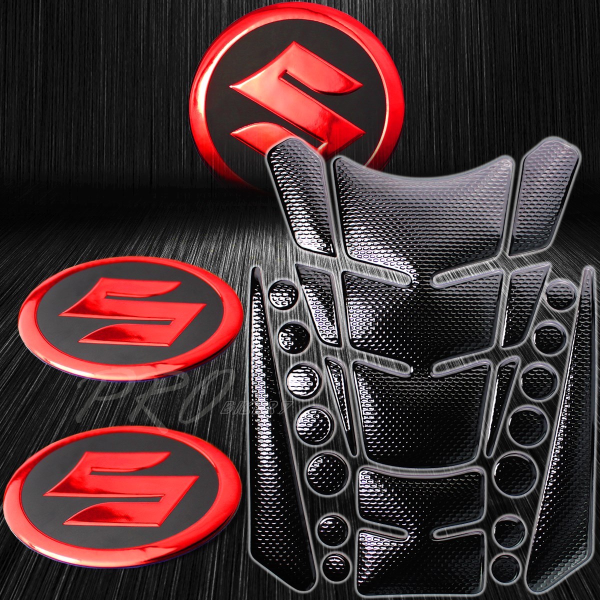 24PC Perforate Black Fuel Tank Pad+Chrome Red Suzuki Logo Fairing Emblem Sticker