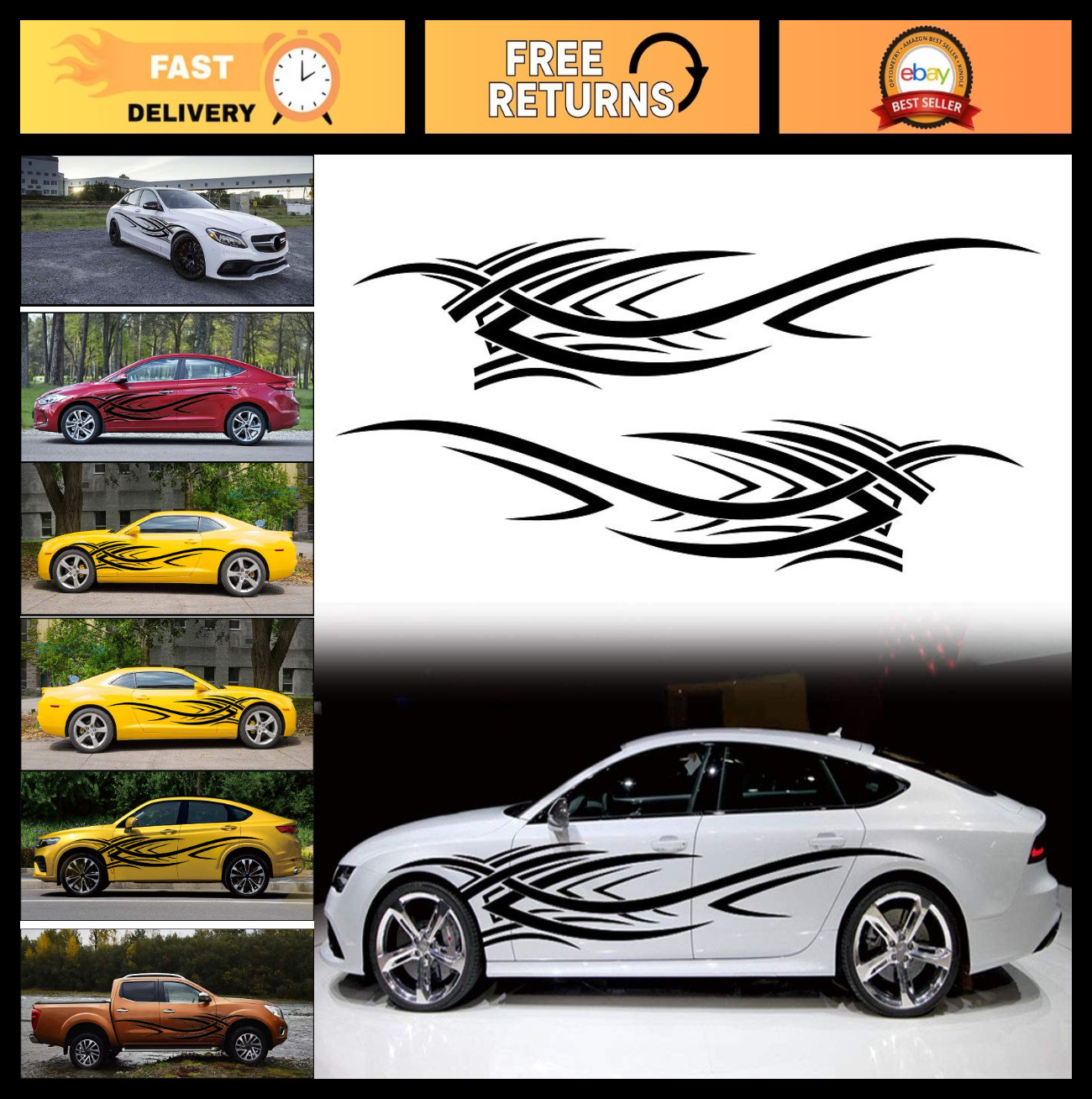2Pcs 94.4” Universal Flame Graphics Car Side Stickers Racing Decals for SUV Tru