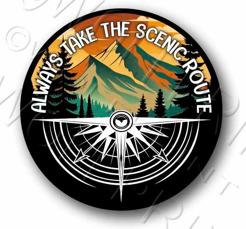 Scenic Route 4.4″ Round Sticker Travel Park Forest Recreation Camping Decal