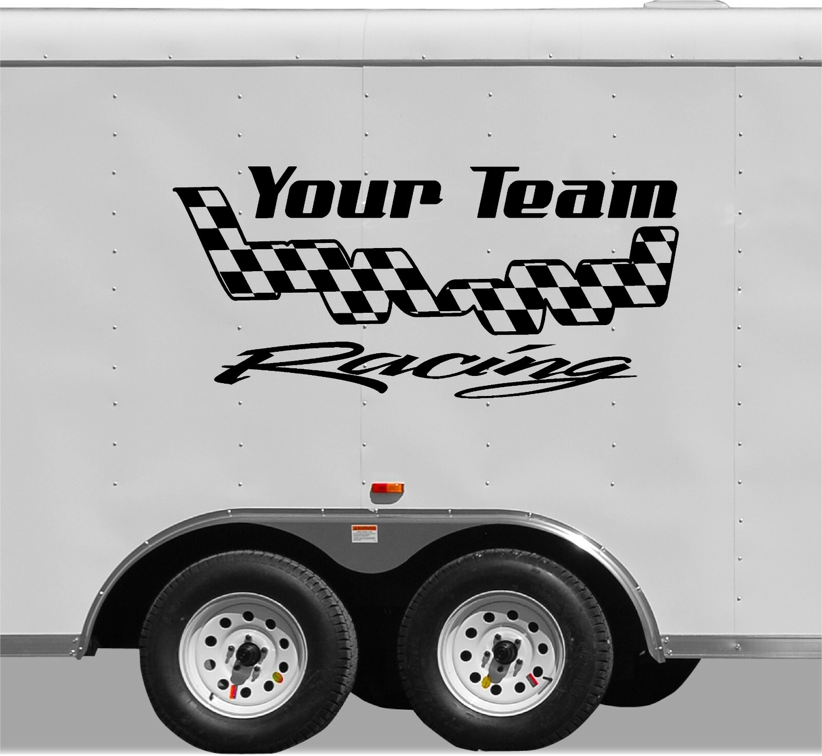 Your Team Name Racing Trailer Decals LARGE UP To 60″L x 28″ High Check Flag 01a