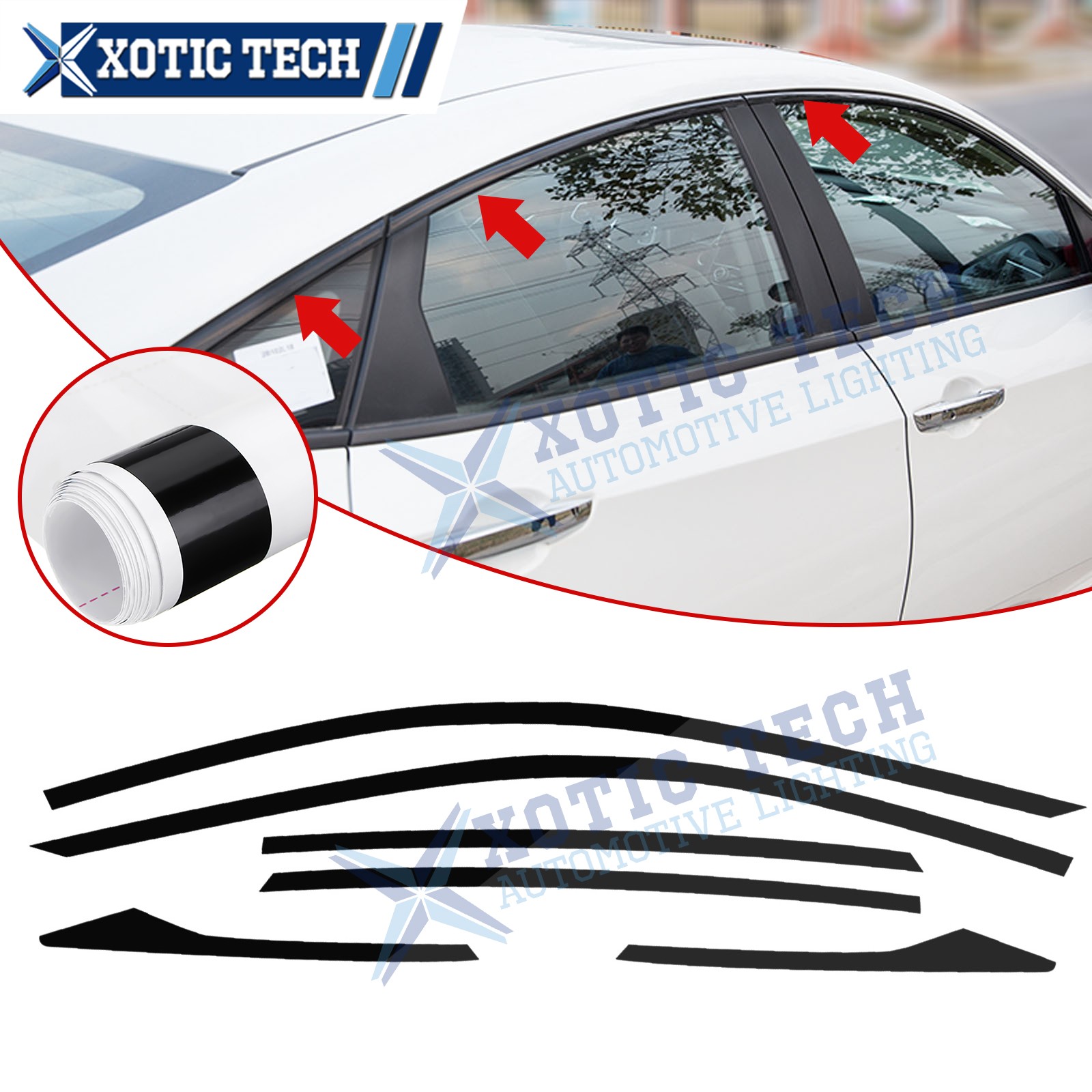 Glossy Black KK Vinyl Chrome Delete Blackout Side Window Cover For Civic 16-21