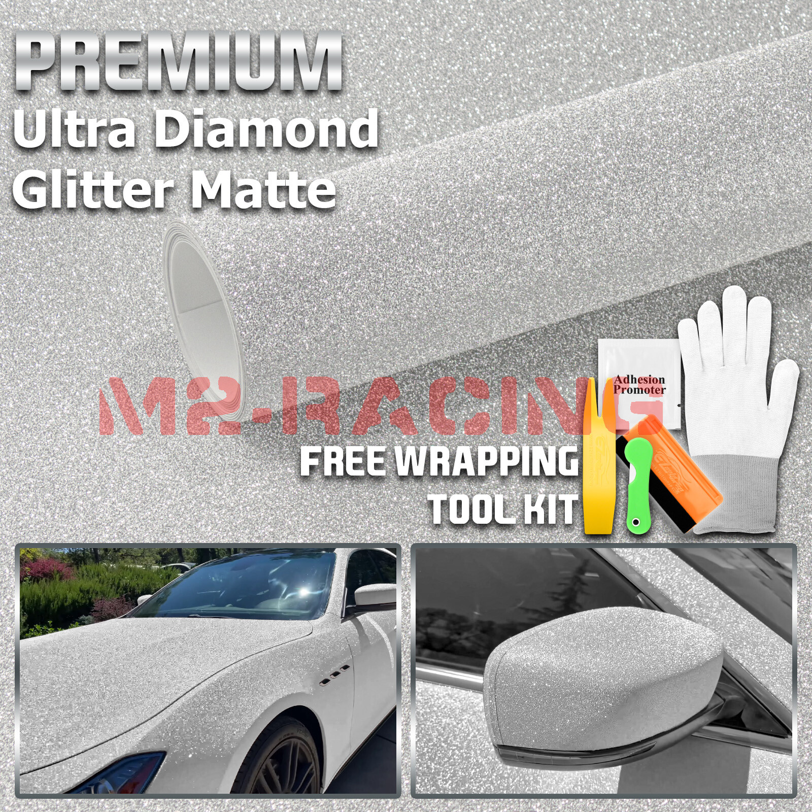 Premium Ultra Diamond Glitter Matte Silver Car Vinyl Wrap Sticker Decal Sheet