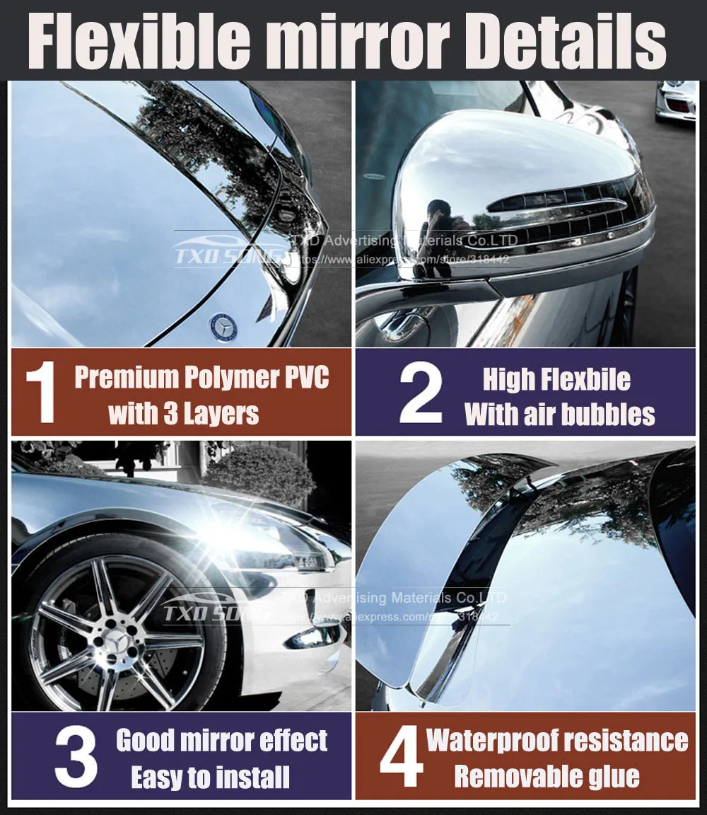 New Silver Mirror Chrome Wrap Film High Stretchable Vinyl Decal 10/20/30x152cm