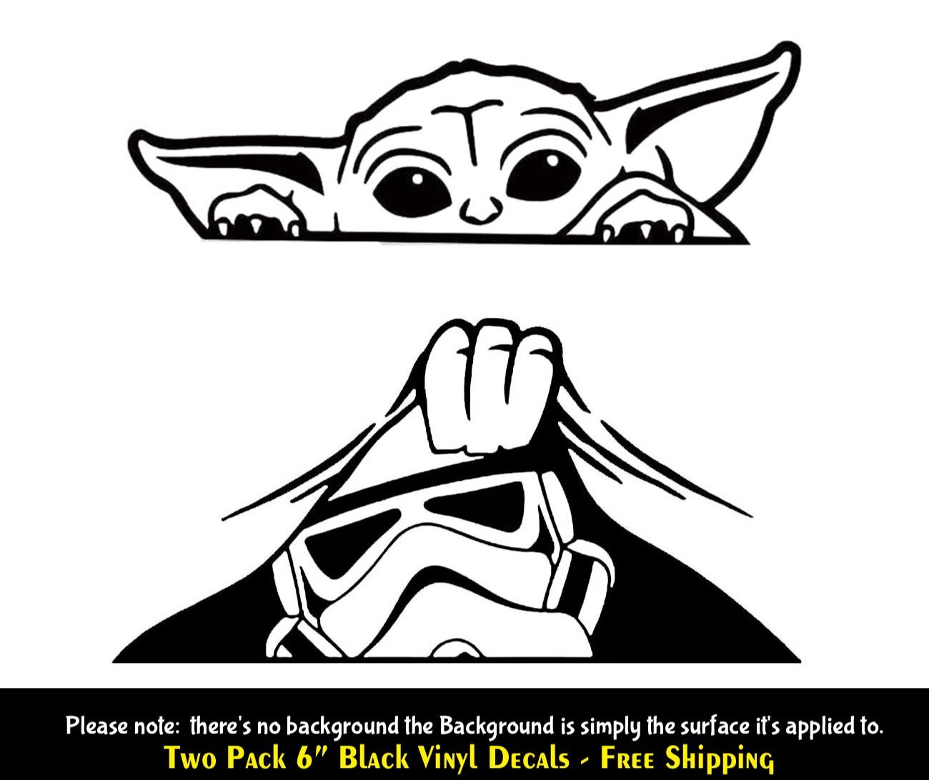 Baby Yoda & Stormtrooper Peeking Two 6″ Black Vinyl Decals Car Truck Bumper