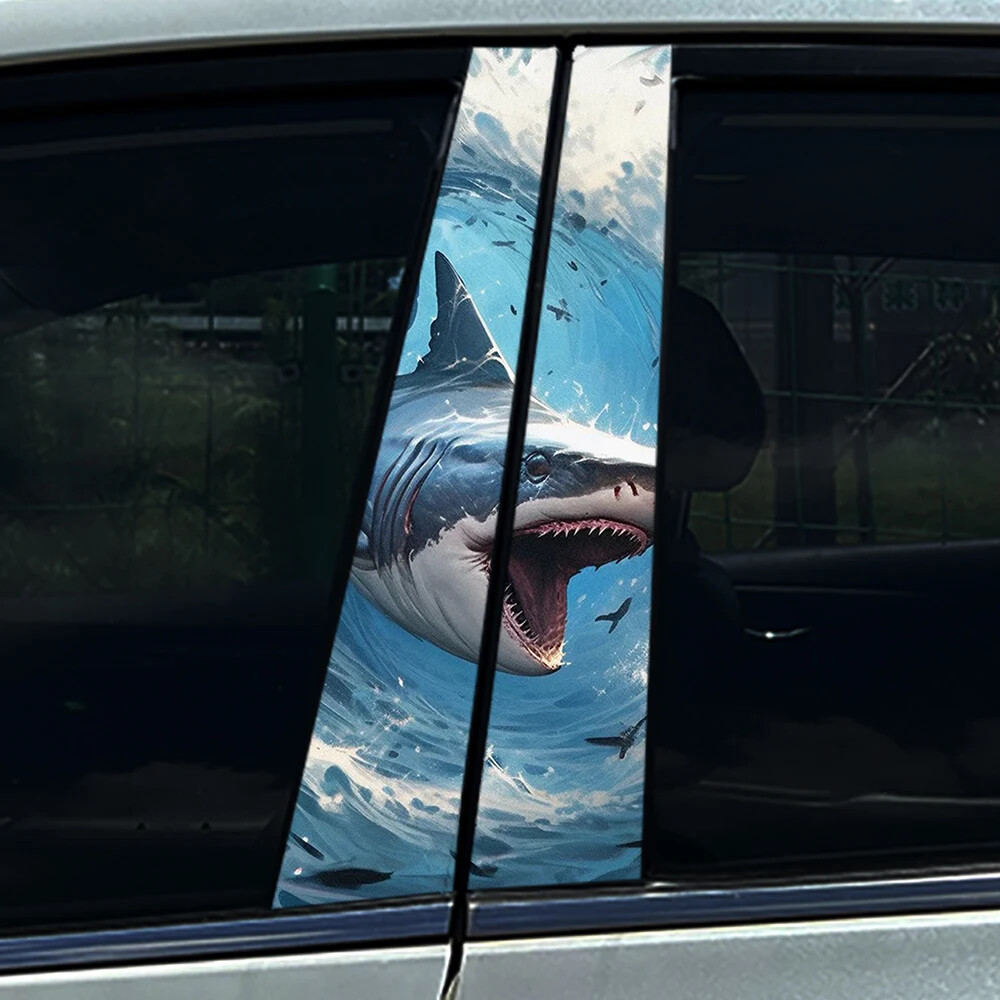 2x Tiger Shark Mouth Megalodon Car B Pillar Sticker Center Column Cover Decals